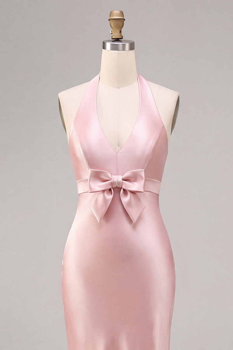Laden Sie das Bild in den Galerie-Viewer, Dunkelrosa Meerjungfrauen-Satin-Neckholderhals Rückenloses Midi-Kleid mit Schleife