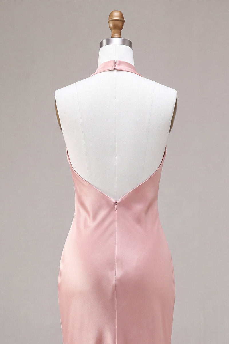 Laden Sie das Bild in den Galerie-Viewer, Dunkelrosa Meerjungfrauen-Satin-Neckholderhals Rückenloses Midi-Kleid mit Schleife