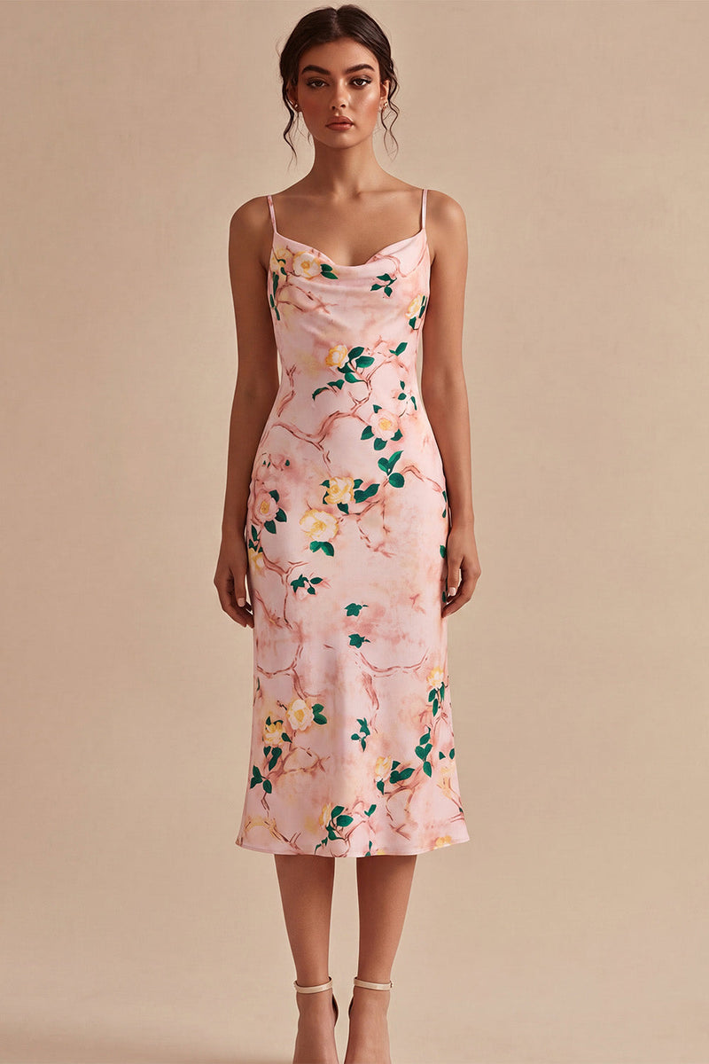 Laden Sie das Bild in den Galerie-Viewer, Rosa Meerjungfrauen-Blumen-Spaghettiträger Midi-Kleid