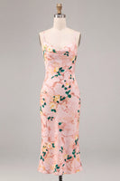 Laden Sie das Bild in den Galerie-Viewer, Rosa Meerjungfrauen-Blumen-Spaghettiträger Midi-Kleid