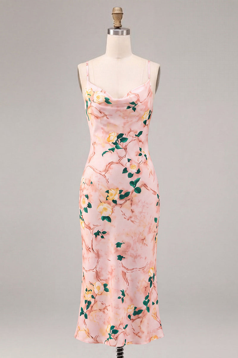 Laden Sie das Bild in den Galerie-Viewer, Rosa Meerjungfrauen-Blumen-Spaghettiträger Midi-Kleid