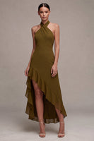 Laden Sie das Bild in den Galerie-Viewer, Chiffon Olive A-Linie Neckholder-Midi-Kleid mit Rüschen