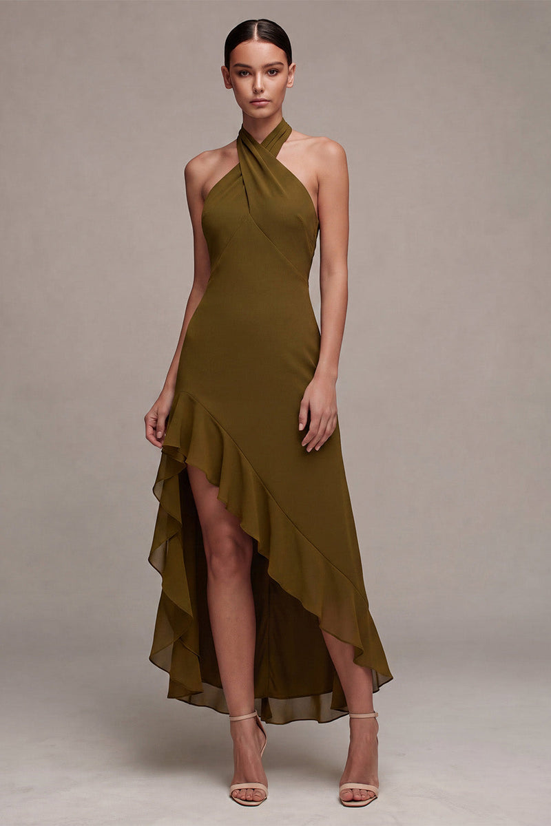 Laden Sie das Bild in den Galerie-Viewer, Chiffon Olive A-Linie Neckholder-Midi-Kleid mit Rüschen