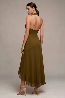 Chiffon Olive A-Linie Neckholder Midi-Kleid mit Rüschen
