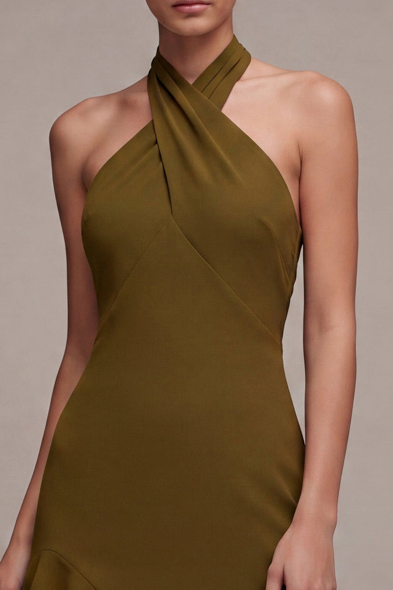 Laden Sie das Bild in den Galerie-Viewer, Chiffon Olive A-Linie Neckholder-Midi-Kleid mit Rüschen