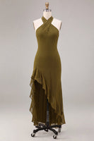 Laden Sie das Bild in den Galerie-Viewer, Chiffon Olive A-Linie Neckholder-Midi-Kleid mit Rüschen