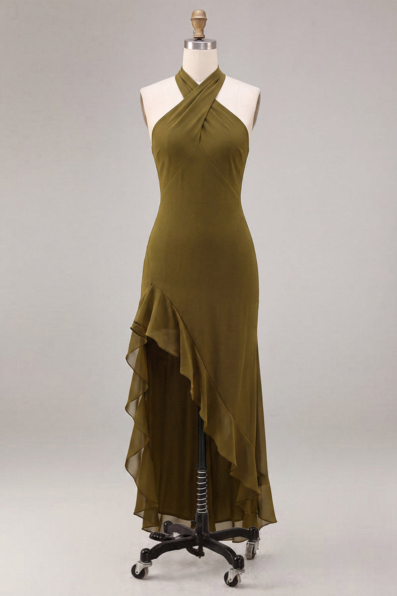 Laden Sie das Bild in den Galerie-Viewer, Chiffon Olive A-Linie Neckholder-Midi-Kleid mit Rüschen