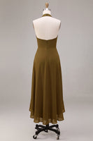 Laden Sie das Bild in den Galerie-Viewer, Chiffon Olive A-Linie Neckholder-Midi-Kleid mit Rüschen