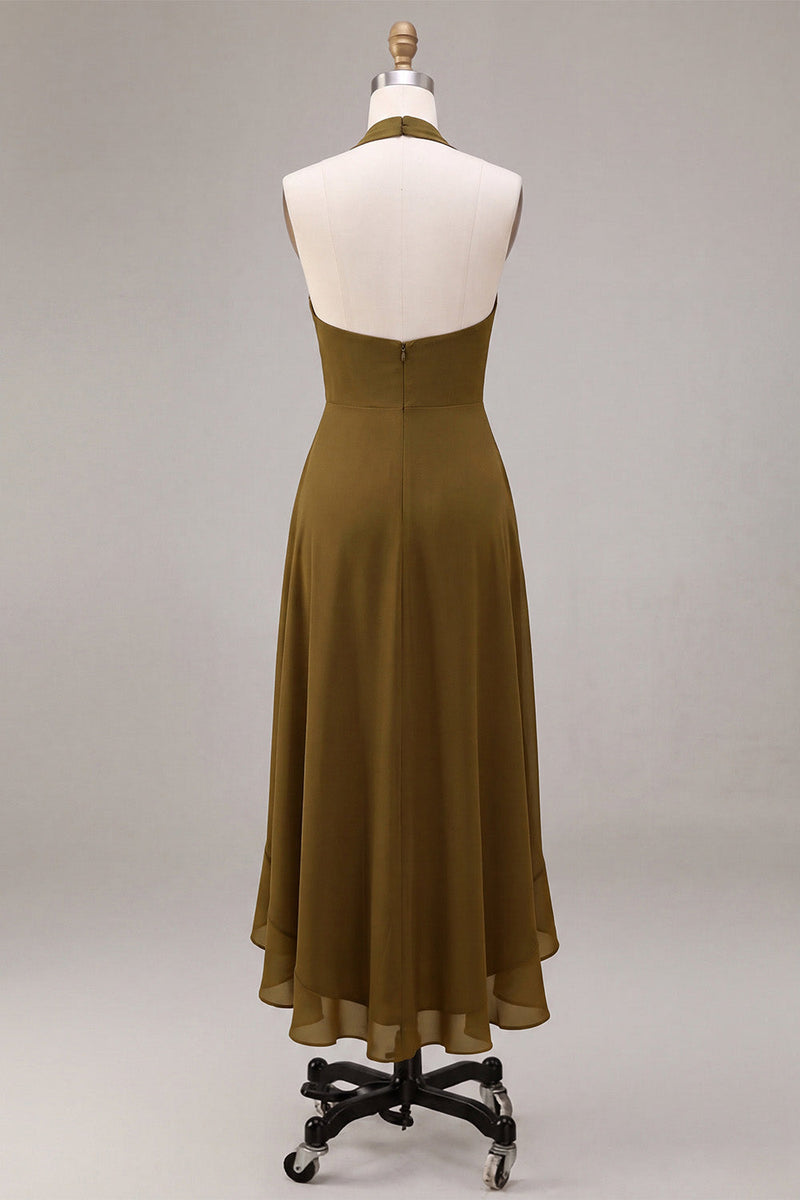 Laden Sie das Bild in den Galerie-Viewer, Chiffon Olive A-Linie Neckholder-Midi-Kleid mit Rüschen
