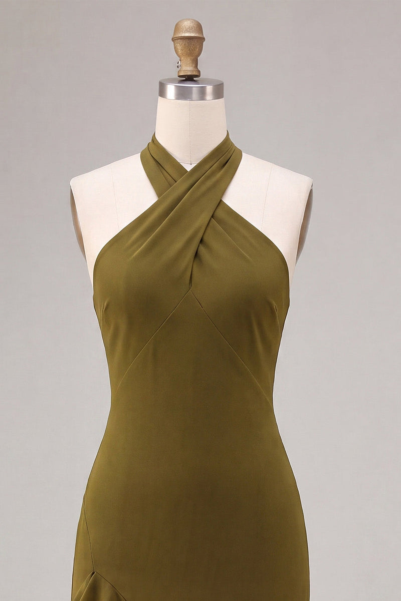 Laden Sie das Bild in den Galerie-Viewer, Chiffon Olive A-Linie Neckholder-Midi-Kleid mit Rüschen
