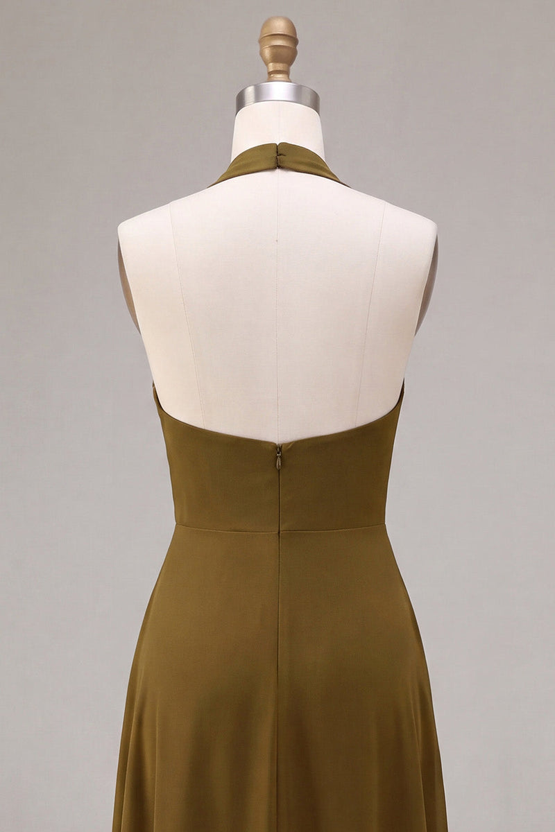 Laden Sie das Bild in den Galerie-Viewer, Chiffon Olive A-Linie Neckholder-Midi-Kleid mit Rüschen