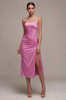 Laden Sie das Bild in den Galerie-Viewer, Fuchsia Satin mit Meerjungfrauen-Spaghettiträgern Midi-Kleid mit Schlitz