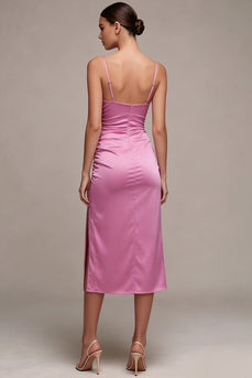 Fuchsia Satin Meerjungfrauen Spaghettiträger Midi-Kleid mit Schlitz
