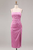 Laden Sie das Bild in den Galerie-Viewer, Fuchsia Satin mit Meerjungfrauen-Spaghettiträgern Midi-Kleid mit Schlitz