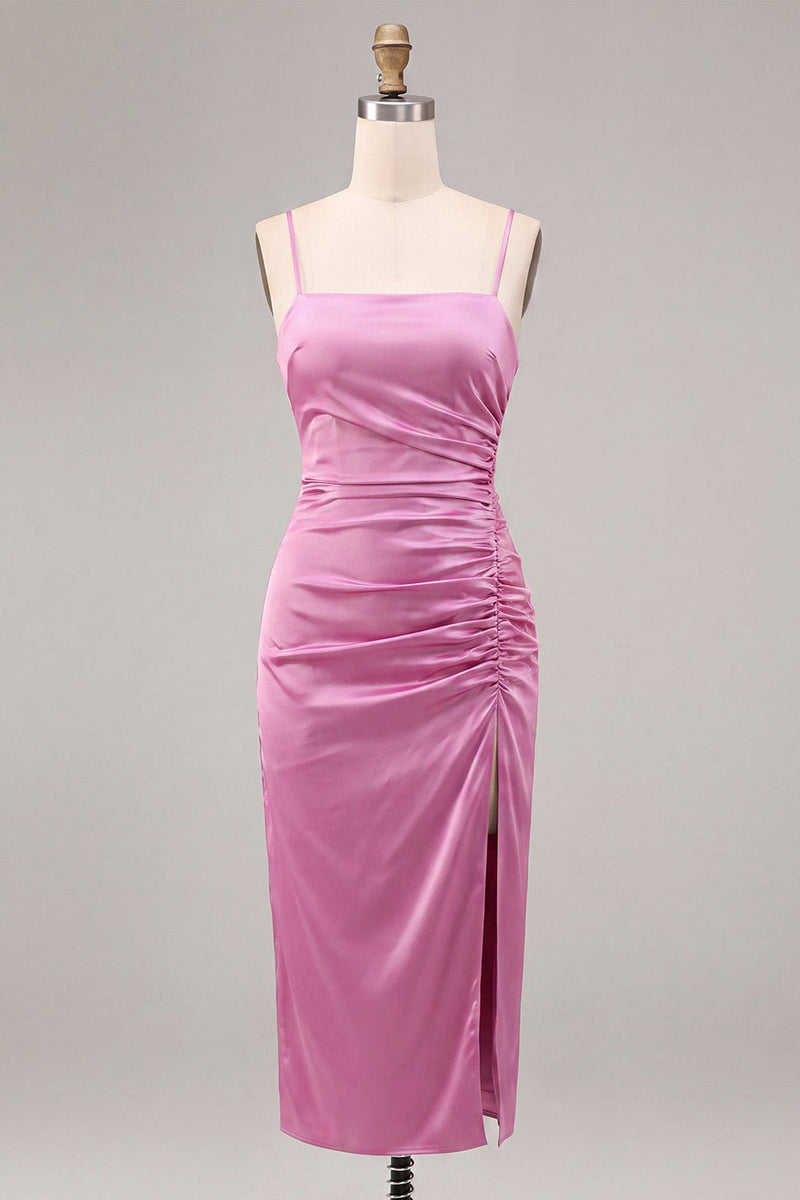 Laden Sie das Bild in den Galerie-Viewer, Fuchsia Satin mit Meerjungfrauen-Spaghettiträgern Midi-Kleid mit Schlitz