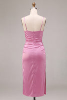 Laden Sie das Bild in den Galerie-Viewer, Fuchsia Satin mit Meerjungfrauen-Spaghettiträgern Midi-Kleid mit Schlitz