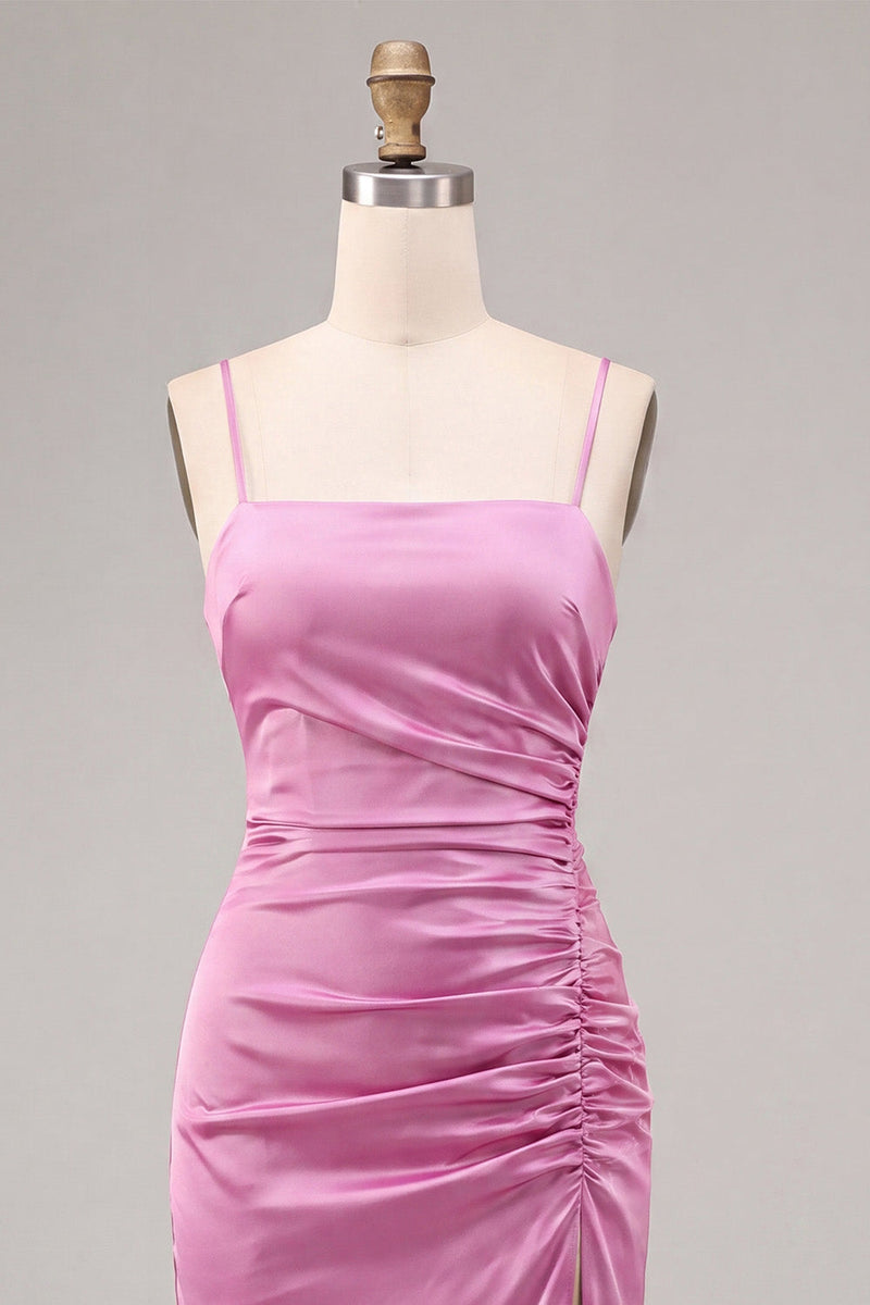 Laden Sie das Bild in den Galerie-Viewer, Fuchsia Satin mit Meerjungfrauen-Spaghettiträgern Midi-Kleid mit Schlitz
