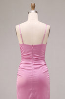 Laden Sie das Bild in den Galerie-Viewer, Fuchsia Satin mit Meerjungfrauen-Spaghettiträgern Midi-Kleid mit Schlitz