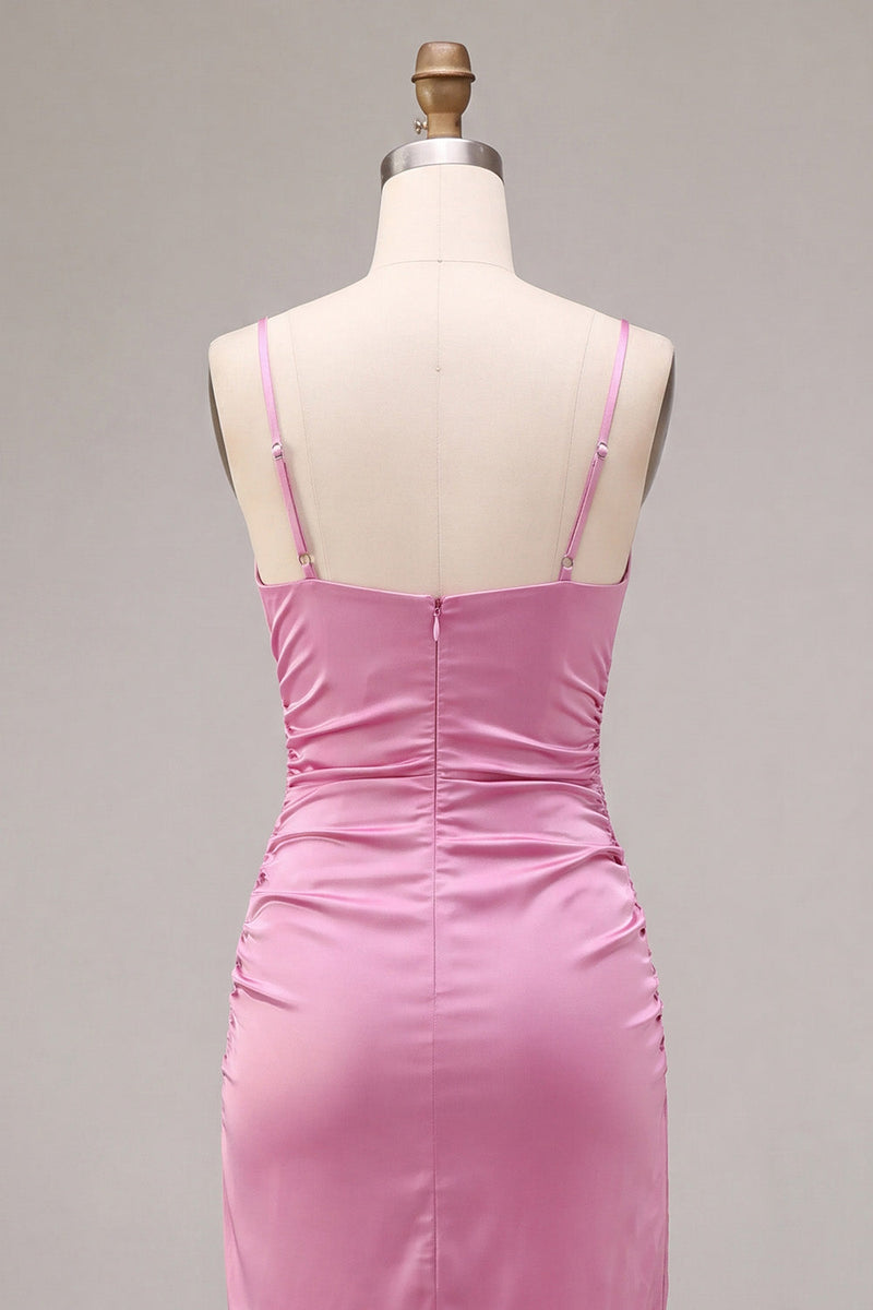 Laden Sie das Bild in den Galerie-Viewer, Fuchsia Satin mit Meerjungfrauen-Spaghettiträgern Midi-Kleid mit Schlitz