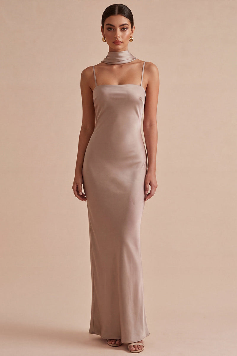 Laden Sie das Bild in den Galerie-Viewer, Meerjungfrauen-Dusty Rose Satin-Spaghettiträger Maxikleid mit Halsschal