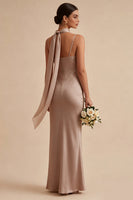 Laden Sie das Bild in den Galerie-Viewer, Meerjungfrauen-Dusty Rose Satin-Spaghettiträger Maxikleid mit Halsschal