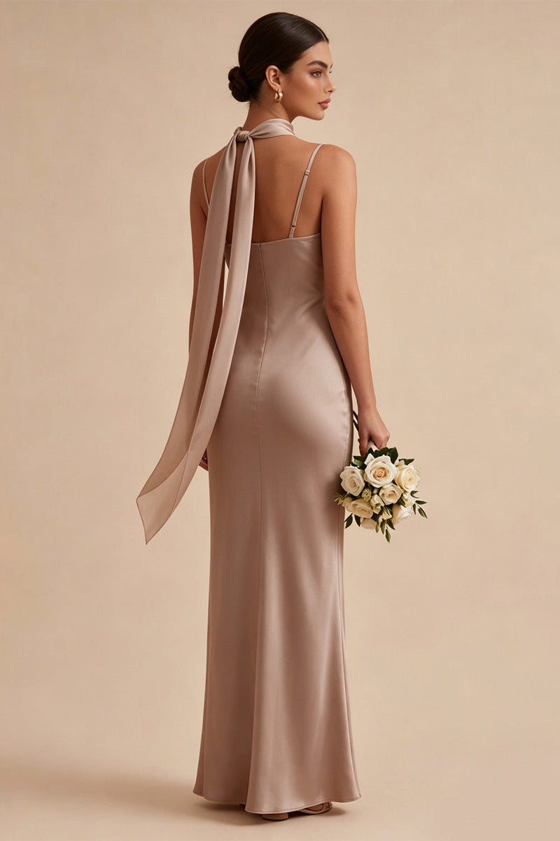 Laden Sie das Bild in den Galerie-Viewer, Meerjungfrauen-Dusty Rose Satin-Spaghettiträger Maxikleid mit Halsschal
