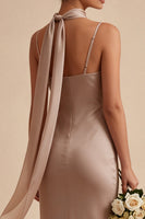 Laden Sie das Bild in den Galerie-Viewer, Meerjungfrauen-Dusty Rose Satin-Spaghettiträger Maxikleid mit Halsschal