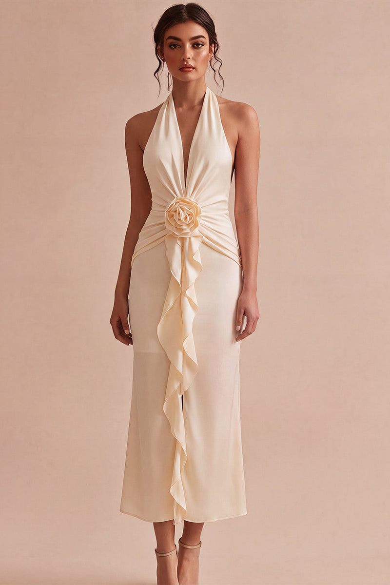 Laden Sie das Bild in den Galerie-Viewer, Chiffon-Aprikosen-Meerjungfrauen-Neckholderhals mit gerafftem Midi-Kleid mit Rüschen und 3D-Blume