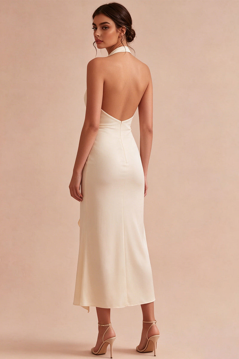 Laden Sie das Bild in den Galerie-Viewer, Chiffon-Aprikosen-Meerjungfrauen-Neckholderhals mit gerafftem Midi-Kleid mit Rüschen und 3D-Blume