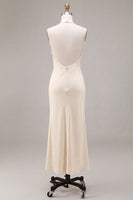 Laden Sie das Bild in den Galerie-Viewer, Chiffon-Aprikosen-Meerjungfrauen-Neckholderhals mit gerafftem Midi-Kleid mit Rüschen und 3D-Blume