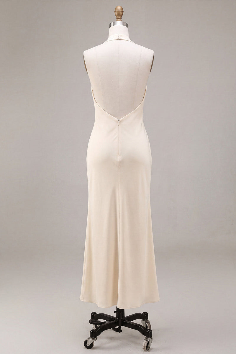 Laden Sie das Bild in den Galerie-Viewer, Chiffon-Aprikosen-Meerjungfrauen-Neckholderhals mit gerafftem Midi-Kleid mit Rüschen und 3D-Blume
