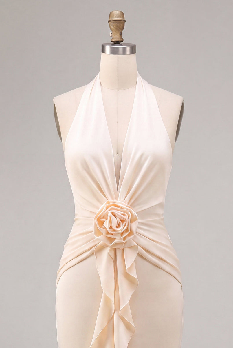 Laden Sie das Bild in den Galerie-Viewer, Chiffon-Aprikosen-Meerjungfrauen-Neckholderhals mit gerafftem Midi-Kleid mit Rüschen und 3D-Blume