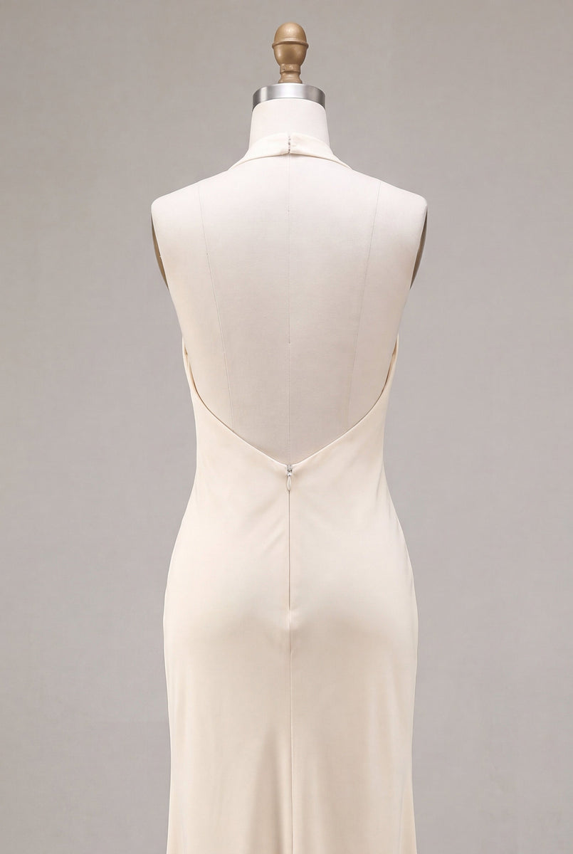 Laden Sie das Bild in den Galerie-Viewer, Chiffon-Aprikosen-Meerjungfrauen-Neckholderhals mit gerafftem Midi-Kleid mit Rüschen und 3D-Blume