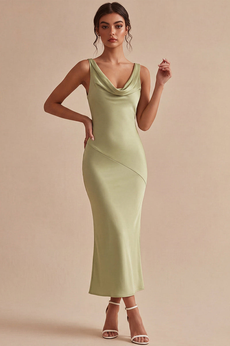 Laden Sie das Bild in den Galerie-Viewer, Hellgrünes Meerjungfrauen-Satin-Midi-Kleid mit Meerausschnitt