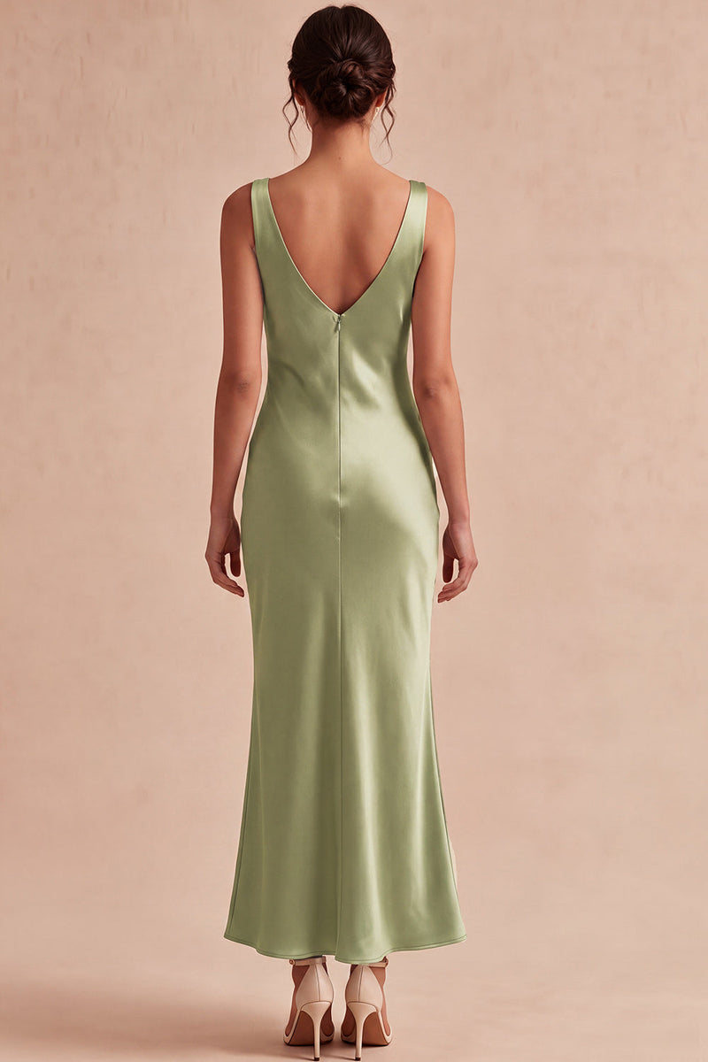 Laden Sie das Bild in den Galerie-Viewer, Hellgrünes Meerjungfrauen-Satin-Midi-Kleid mit Meerausschnitt