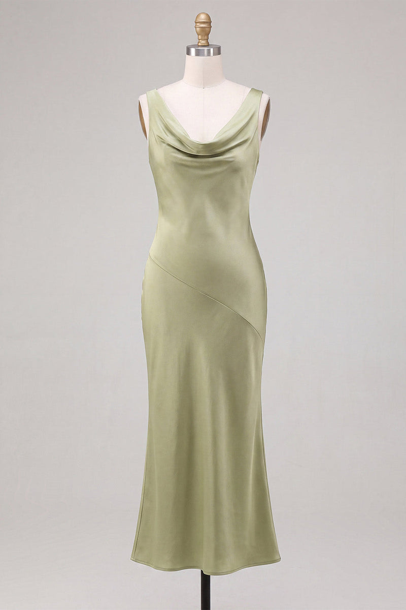 Laden Sie das Bild in den Galerie-Viewer, Hellgrünes Meerjungfrauen-Satin-Midi-Kleid mit Meerausschnitt