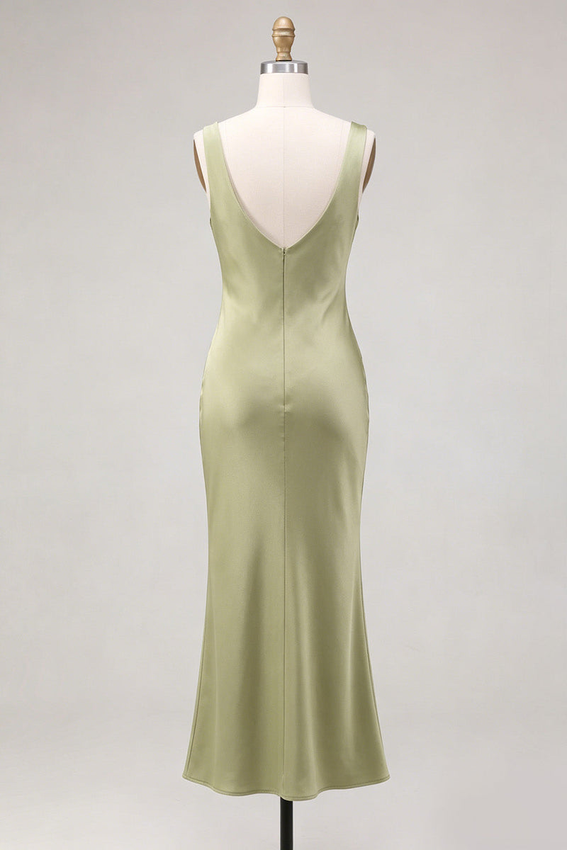 Laden Sie das Bild in den Galerie-Viewer, Hellgrünes Meerjungfrauen-Satin-Midi-Kleid mit Meerausschnitt