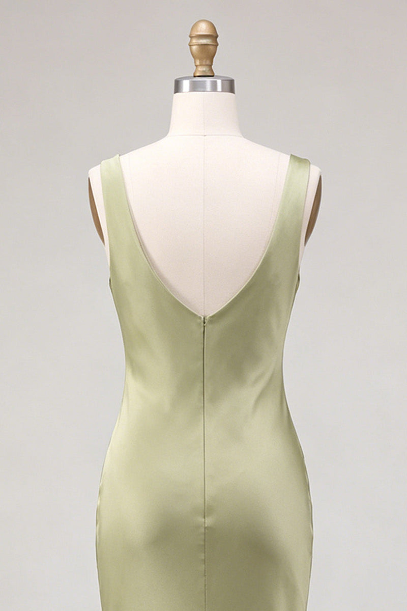 Laden Sie das Bild in den Galerie-Viewer, Hellgrünes Meerjungfrauen-Satin-Midi-Kleid mit Meerausschnitt