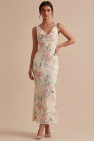 Laden Sie das Bild in den Galerie-Viewer, Weißes pinkes Blumenhals mit Meerjungfrauen-Pailletten Midi-Kleid mit Schlitz