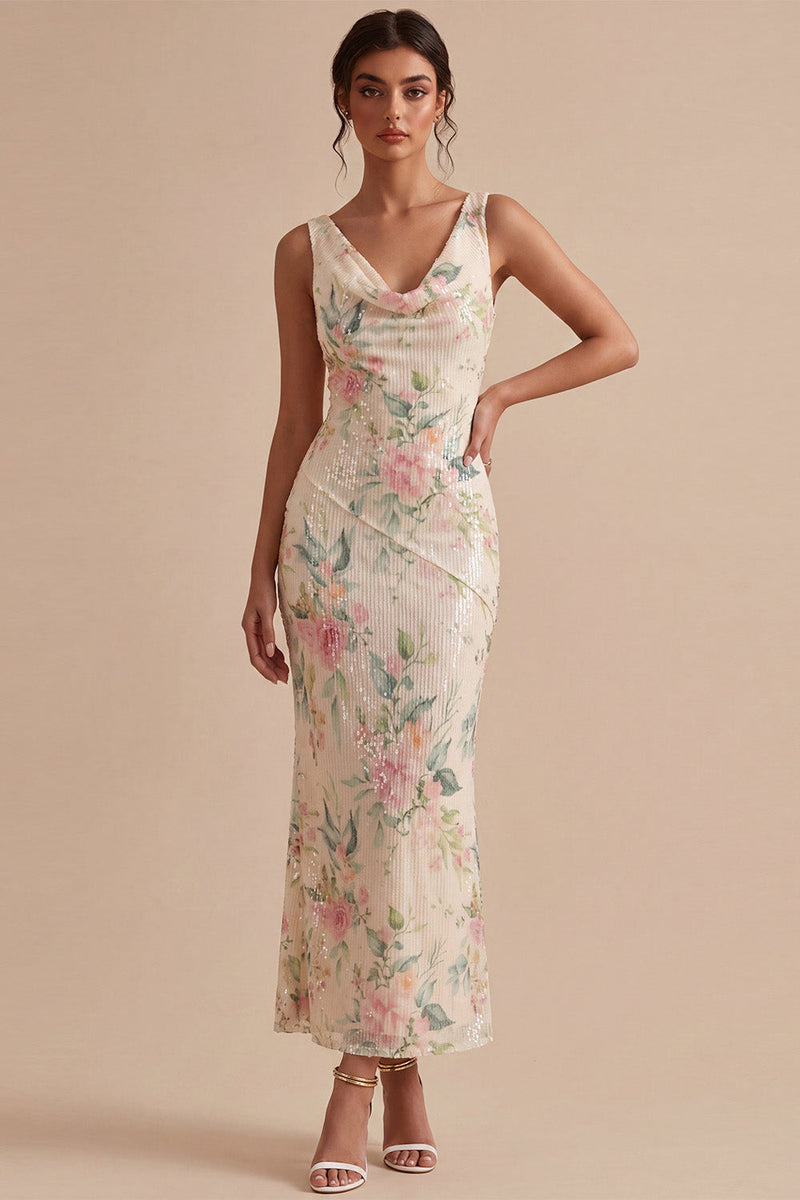 Laden Sie das Bild in den Galerie-Viewer, Weißes pinkes Blumenhals mit Meerjungfrauen-Pailletten Midi-Kleid mit Schlitz