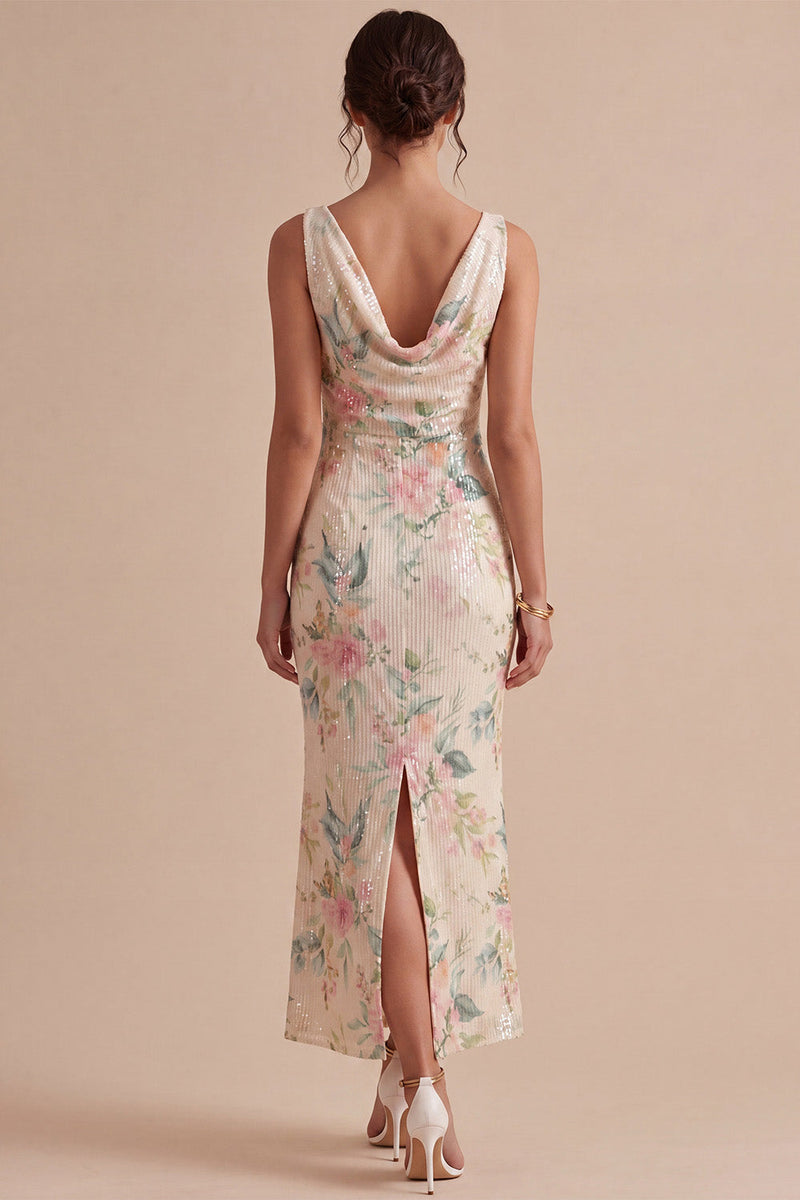 Laden Sie das Bild in den Galerie-Viewer, Weißes pinkes Blumenhals mit Meerjungfrauen-Pailletten Midi-Kleid mit Schlitz