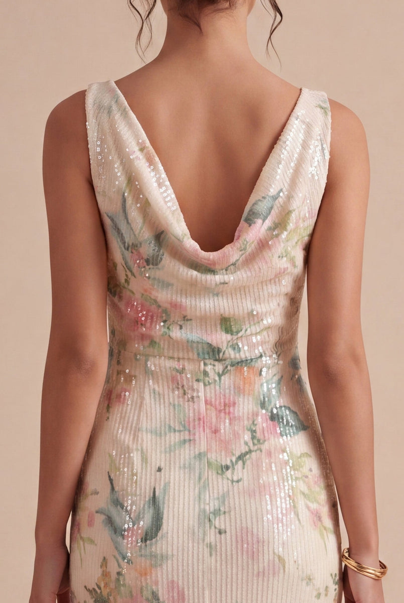 Laden Sie das Bild in den Galerie-Viewer, Weißes pinkes Blumenhals mit Meerjungfrauen-Pailletten Midi-Kleid mit Schlitz