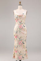 Laden Sie das Bild in den Galerie-Viewer, Weißes pinkes Blumenhals mit Meerjungfrauen-Pailletten Midi-Kleid mit Schlitz