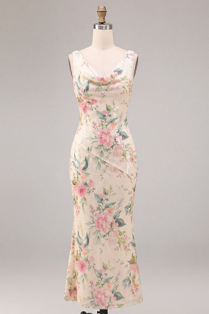 Laden Sie das Bild in den Galerie-Viewer, Weißes pinkes Blumenhals mit Meerjungfrauen-Pailletten Midi-Kleid mit Schlitz