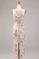 Laden Sie das Bild in den Galerie-Viewer, Weißes pinkes Blumenhals mit Meerjungfrauen-Pailletten Midi-Kleid mit Schlitz