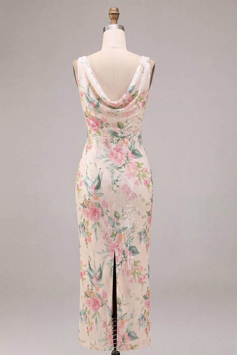 Laden Sie das Bild in den Galerie-Viewer, Weißes pinkes Blumenhals mit Meerjungfrauen-Pailletten Midi-Kleid mit Schlitz