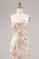 Laden Sie das Bild in den Galerie-Viewer, Weißes pinkes Blumenhals mit Meerjungfrauen-Pailletten Midi-Kleid mit Schlitz
