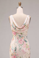 Laden Sie das Bild in den Galerie-Viewer, Weißes pinkes Blumenhals mit Meerjungfrauen-Pailletten Midi-Kleid mit Schlitz