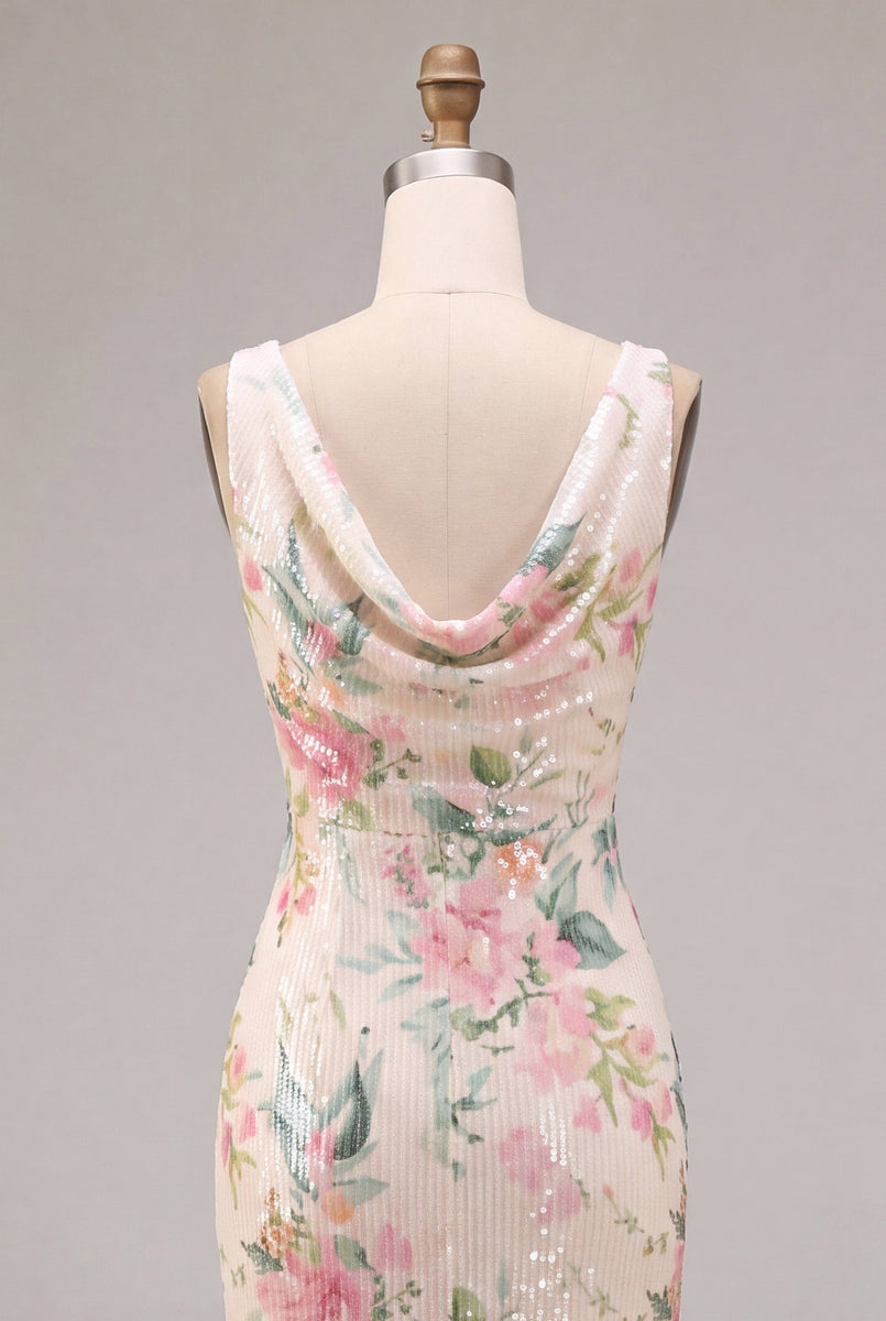 Laden Sie das Bild in den Galerie-Viewer, Weißes pinkes Blumenhals mit Meerjungfrauen-Pailletten Midi-Kleid mit Schlitz