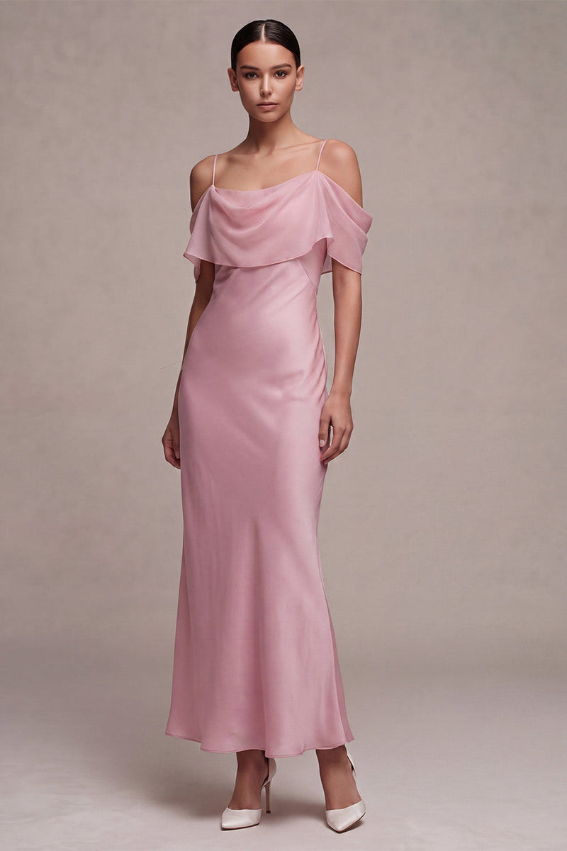 Laden Sie das Bild in den Galerie-Viewer, Chiffon Dunkelrosa Kaltschulter-Meerjungfrauen-Midi-Kleid